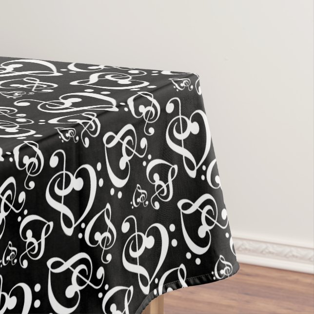 Black White Treble Clef Heart Music Notes Pattern Tablecloth (In Situ)