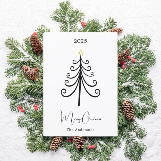 Black white tree boho simple modern Christmas Holiday Card (Creator Uploaded)