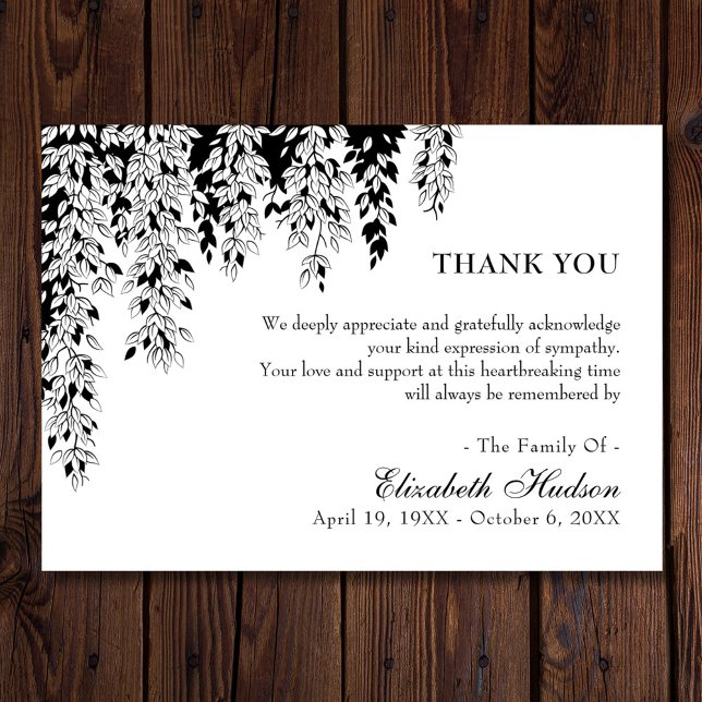Black White Tree Branch Bereavement Funeral Thank You Card (Creator Uploaded)