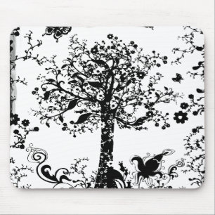 Black & White Tree Butterfly Silhouette Mouse Pad
