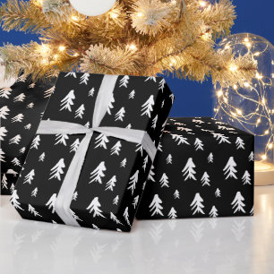 Black white trees illustration christmas pattern wrapping paper