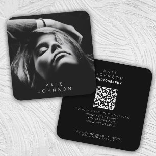 Black & White Trendy Stylish Full Photo QR Code Square Business Card