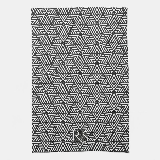 Black+White Triangle Pattern: Monogram Kitchen Tea Towel (Vertical)