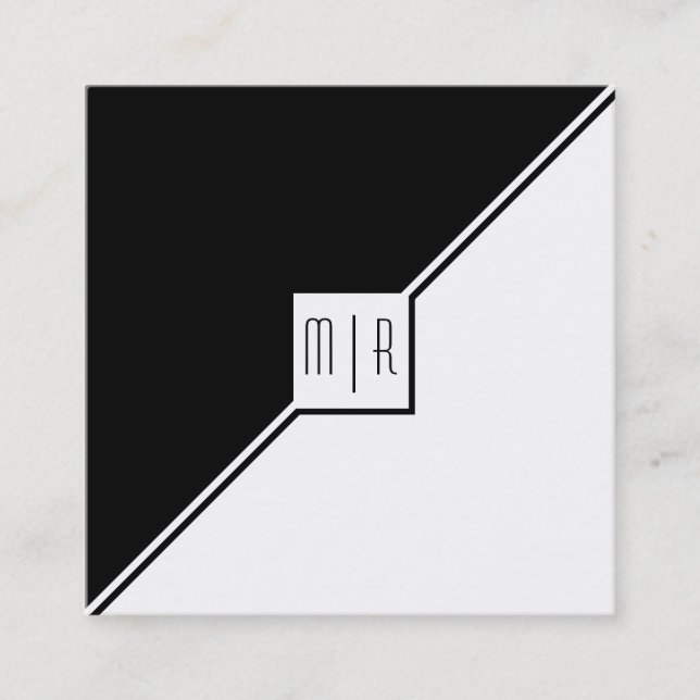Black, white triangles, monogram modern geometric square business card (Front)