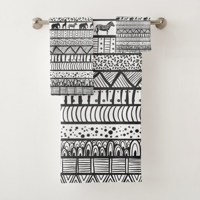 Black White Tribal African Pattern Bath Towel Set (Insitu)