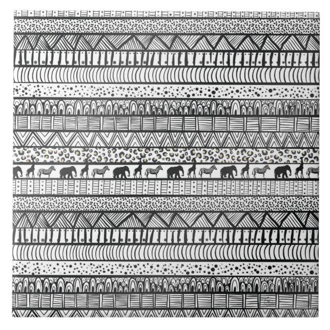 Black White Tribal African Pattern Ceramic Tile (Front)
