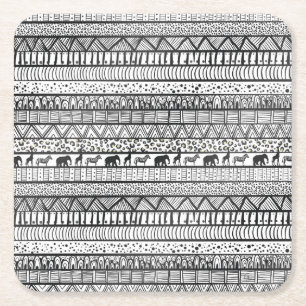 Black White Tribal African Pattern Square Paper Coaster