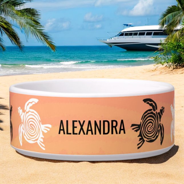 Black White Tribal Art Sea Turtles Orange Pet Bowl (custom pet bowl front with tribal turtle design)