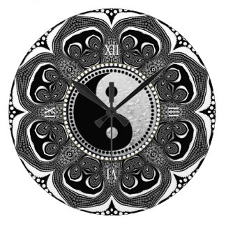 Black+White Tribal Flower New Age Symbol Large Clock