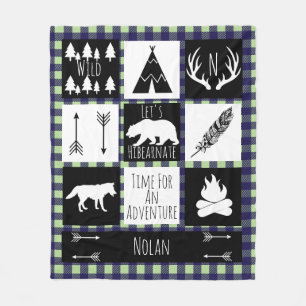 Black & White Tribal Wild Woodlands Green Plaid Fleece Blanket