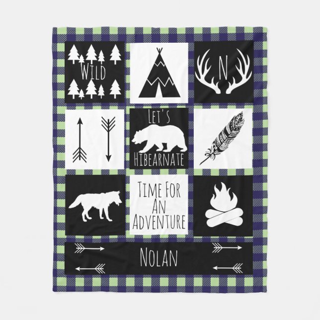 Black & White Tribal Wild Woodlands Green Plaid Fleece Blanket (Front)