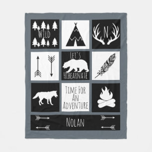 Black & White Tribal Wild Woodlands Grey Fleece Blanket