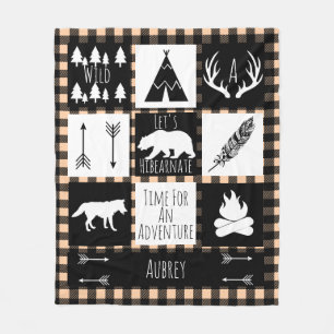 Black & White Tribal Wild Woodlands Taupe Plaid Fleece Blanket