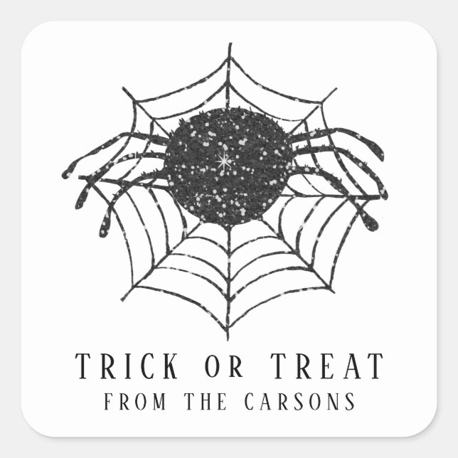 Black White Trick or Treat Halloween Spider Web Square Sticker (Front)