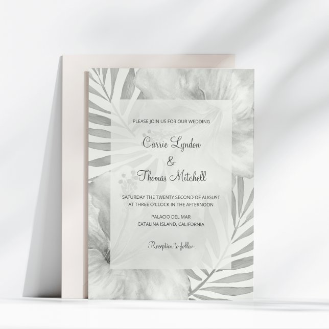 Black & White Tropical Beach Palm Hibiscus Wedding Invitation (Creator Uploaded)