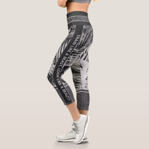 Black & white tropical leaves glitter stylish capri leggings