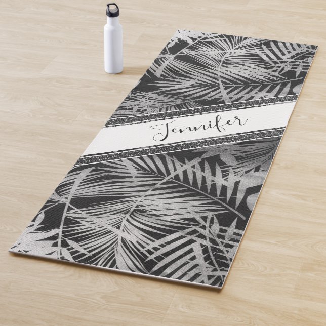 Black & white tropical leaves with name & glitter yoga mat (In Situ)