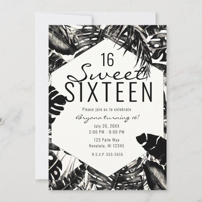 Black & White Tropical Palm Leaves Sweet 16 Invitation (Front)