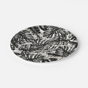 Black & White Tropical Palm Leaves Wedding  Paper Plate
