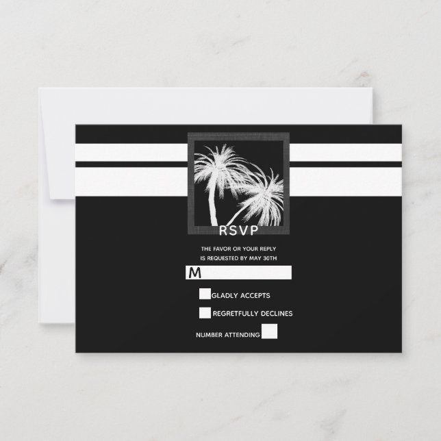 Black & White Tropical Palm Modern Wedding RSVP (Front)
