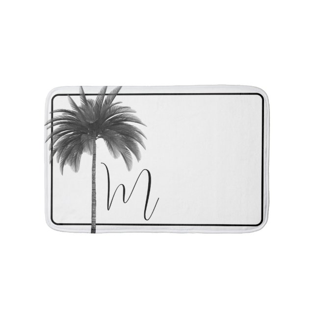 Black White Tropical  Palm Tree Elegant Bath Mat (Front)