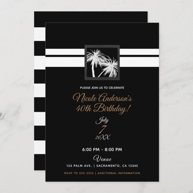 Black White Tropical Palm Trees Modern Birthday Invitation (Front/Back)