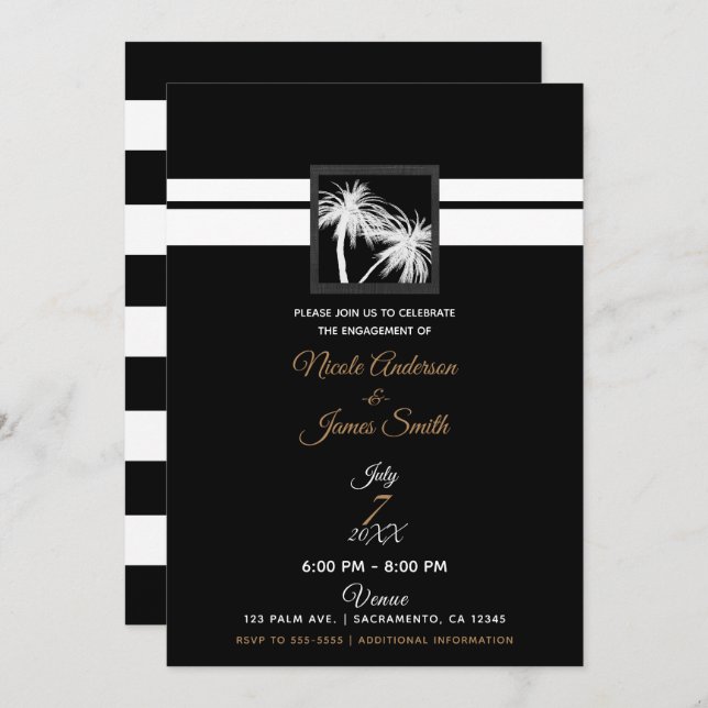 Black White Tropical Palm Trees Modern Engagement Invitation (Front/Back)