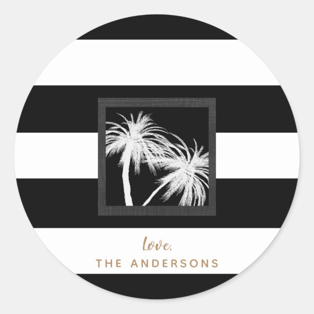 Black & White Tropical Palm Trees Modern Wedding Classic Round Sticker (Front)