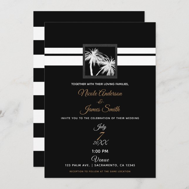 Black & White Tropical Palm Trees Modern Wedding Invitation (Front/Back)