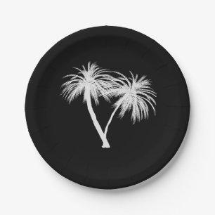 Black & White Tropical Palm Trees Modern Wedding Paper Plate