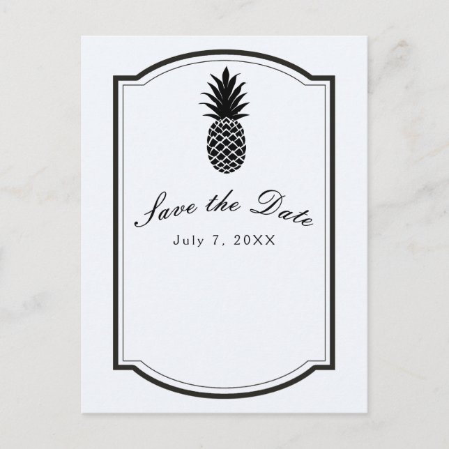 Black & White Tropical Pineapple Save the Date Announcement Postcard (Front)