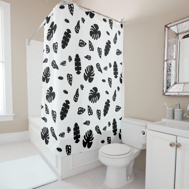 Black & White Tropical Summer Leaf Pattern Shower Curtain (In Situ)
