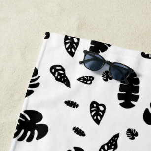 Black & White Tropical Summer Leaves Pattern Beach Towel