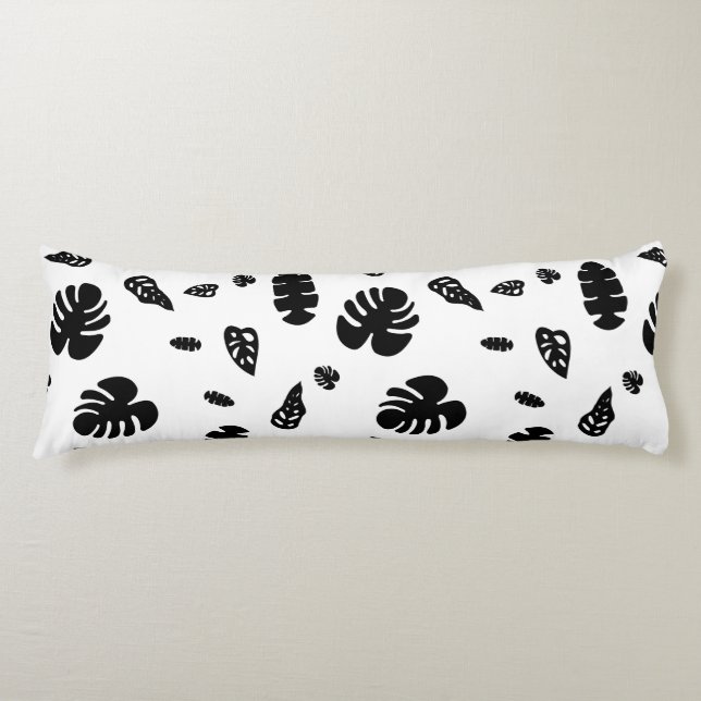 Black & White Tropical Summer Leaves Pattern Body Cushion (Front)