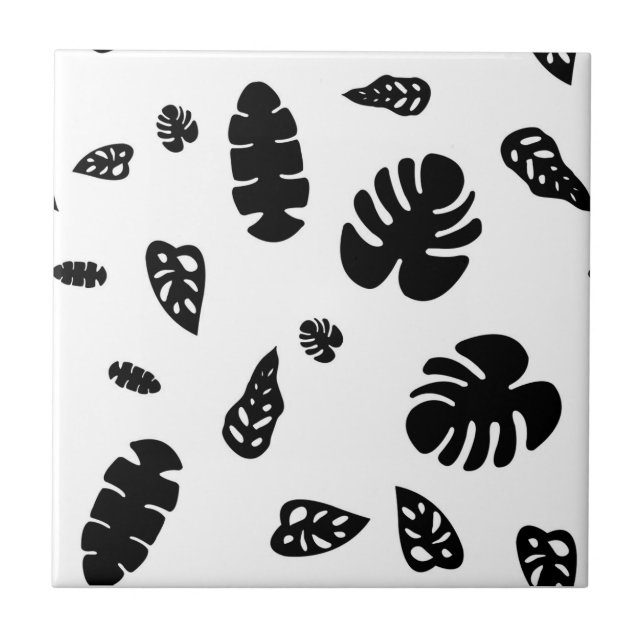 Black & White Tropical Summer Leaves Pattern Ceramic Tile (Front)