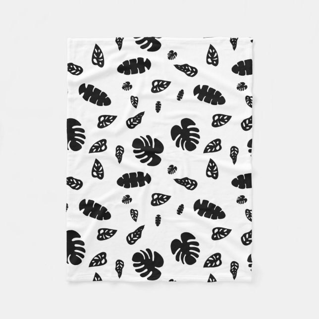 Black & White Tropical Summer Leaves Pattern Fleece Blanket (Front)