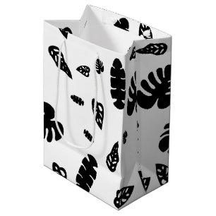 Black & White Tropical Summer Leaves Pattern Medium Gift Bag
