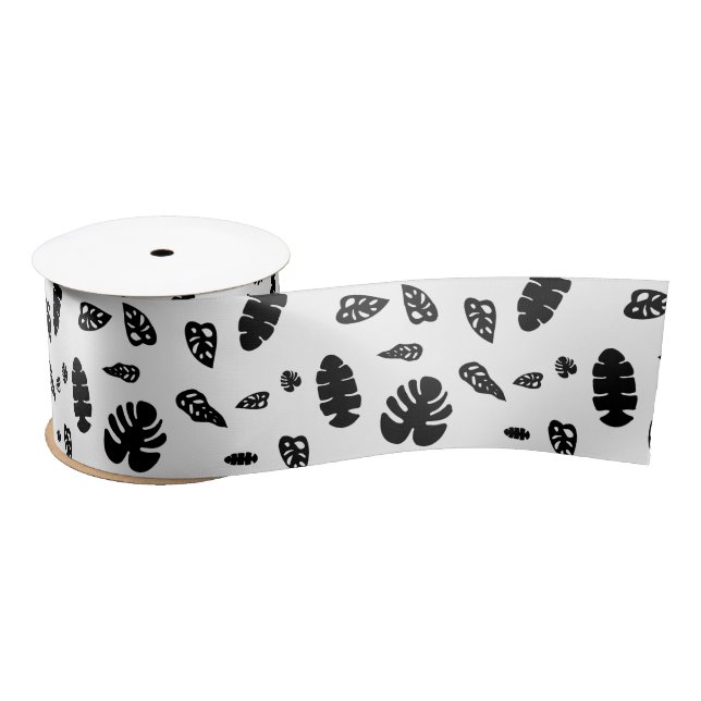 Black & White Tropical Summer Leaves Pattern Satin Ribbon (Spool)