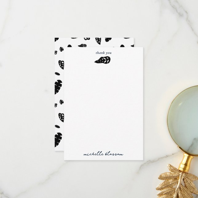 Black & White Tropical Summer Leaves Pattern Thank You Card (Front/Back In Situ)