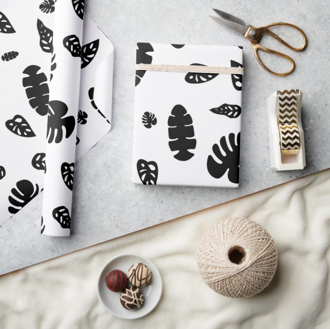 Black & White Tropical Summer Leaves Pattern Wrapping Paper (Crafts)