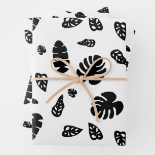 Black & White Tropical Summer Leaves Pattern Wrapping Paper Sheet