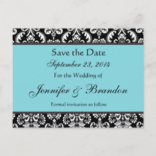 Black White Turquoise Damask Save Date Postcard