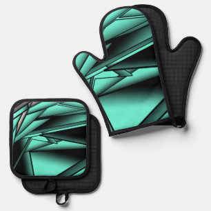 Black White Turquoise Ombre Modern Abstract Art Oven Mitt & Pot Holder Set
