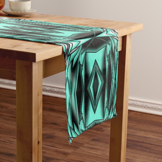 Black White Turquoise Ombre Modern Abstract Art Short Table Runner (In Situ)