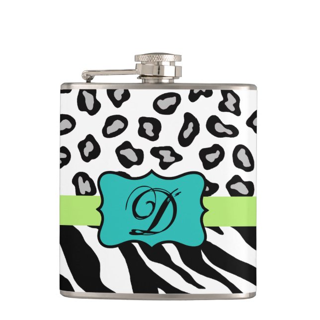 Black White Turquoise Zebra Leopard Skin Monogram Hip Flask (Front)