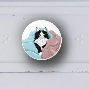 Black White Tuxedo Cat Blankets Cute Blue Pink Ceramic Knob