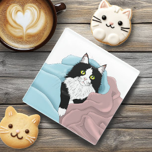 Black White Tuxedo Cat blankets Cute Blue Pink Glass Coaster