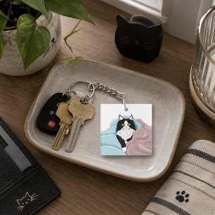 Black White Tuxedo Cat Blankets Cute Blue Pink Key Ring