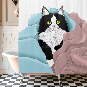 Black White Tuxedo Cat Blankets Cute Blue Pink  Shower Curtain