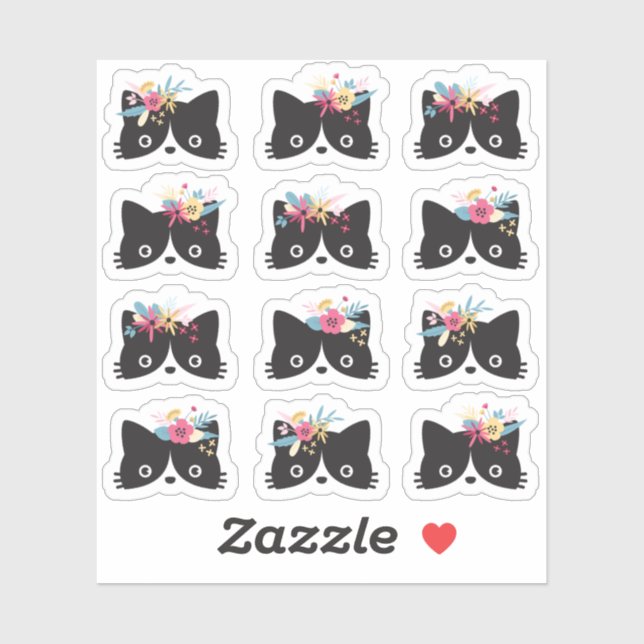 Black & White Tuxedo Cat Faces With Floral Crowns (Sheet)